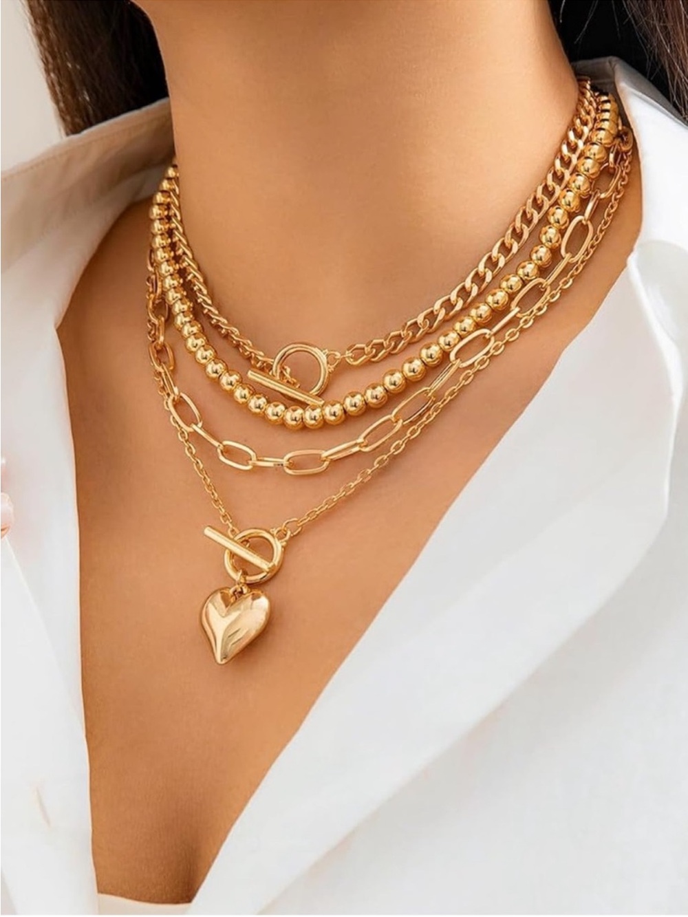 24k Gold Plated Layered Gold Heart Charm Necklace new